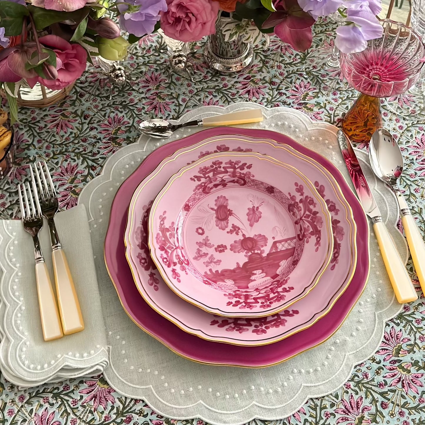 Green pink blue tablecloth, 72 x 132 in