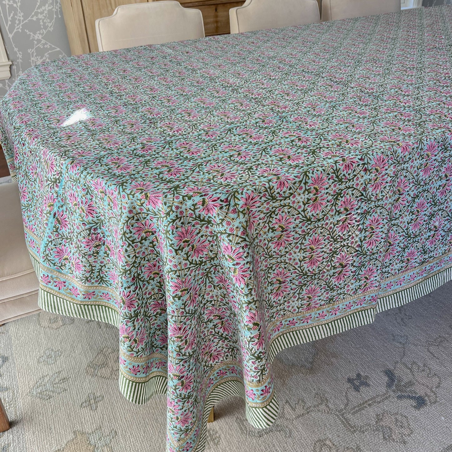 Green pink blue tablecloth, 72 x 132 in