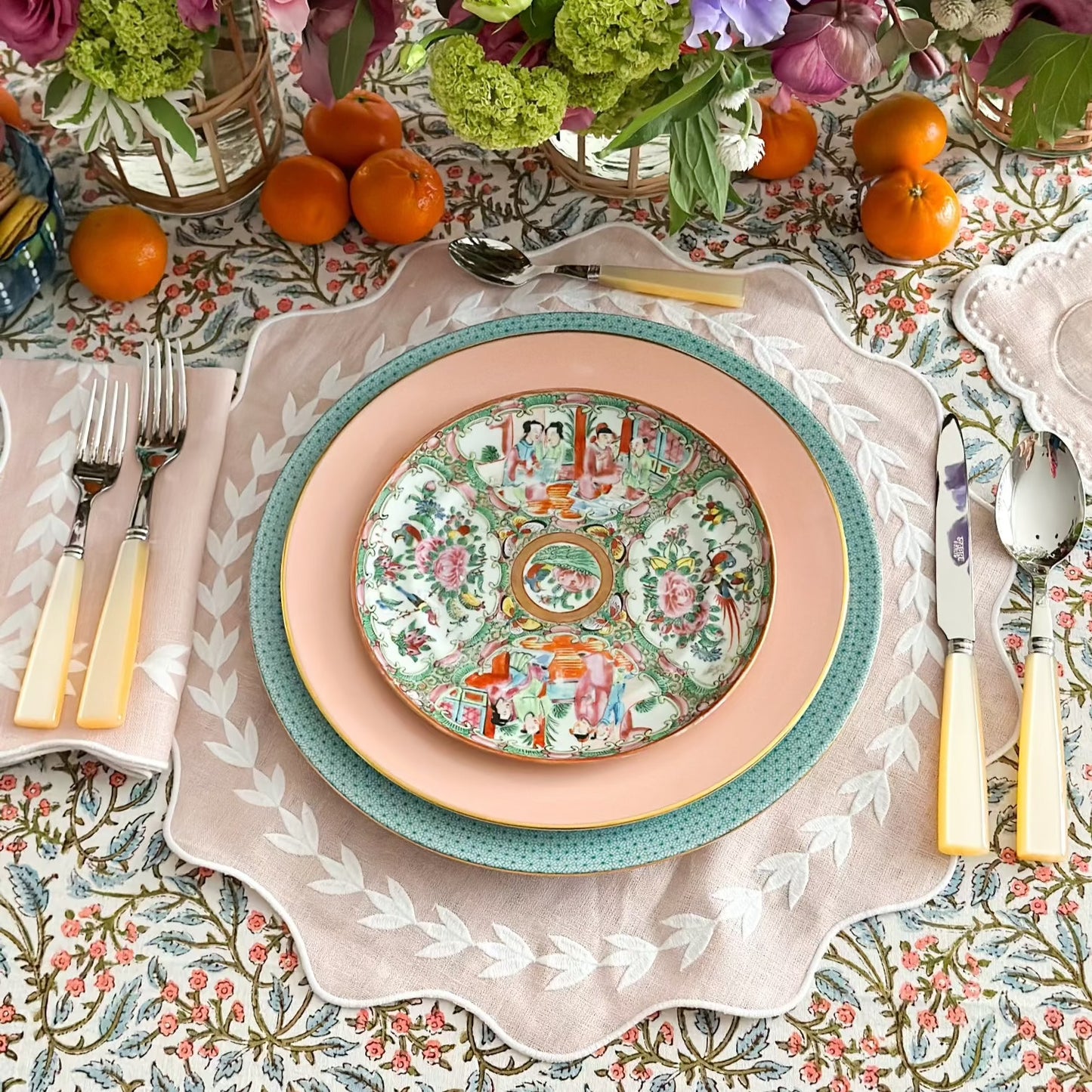 Blue and pink print tablecloth, 120 in round