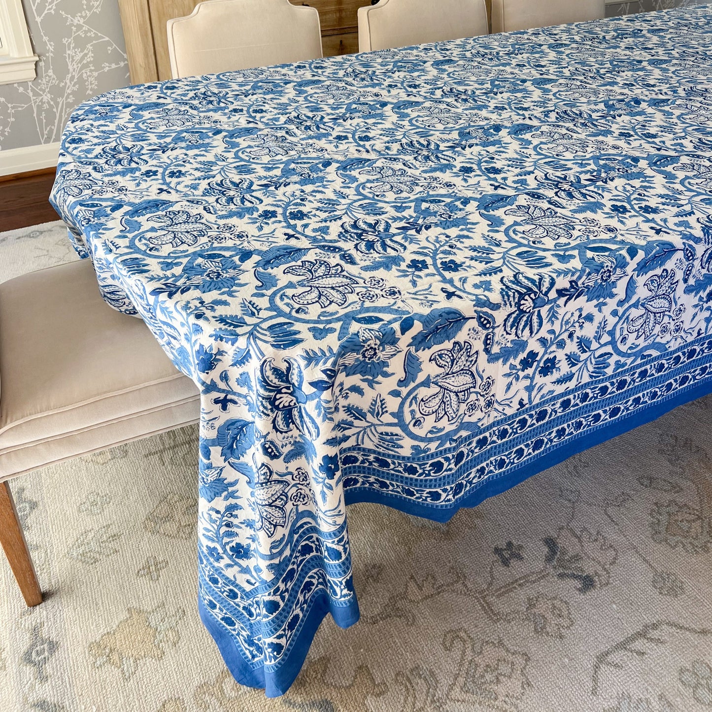 Cobalt blue print tablecloth, 72 x 132 in
