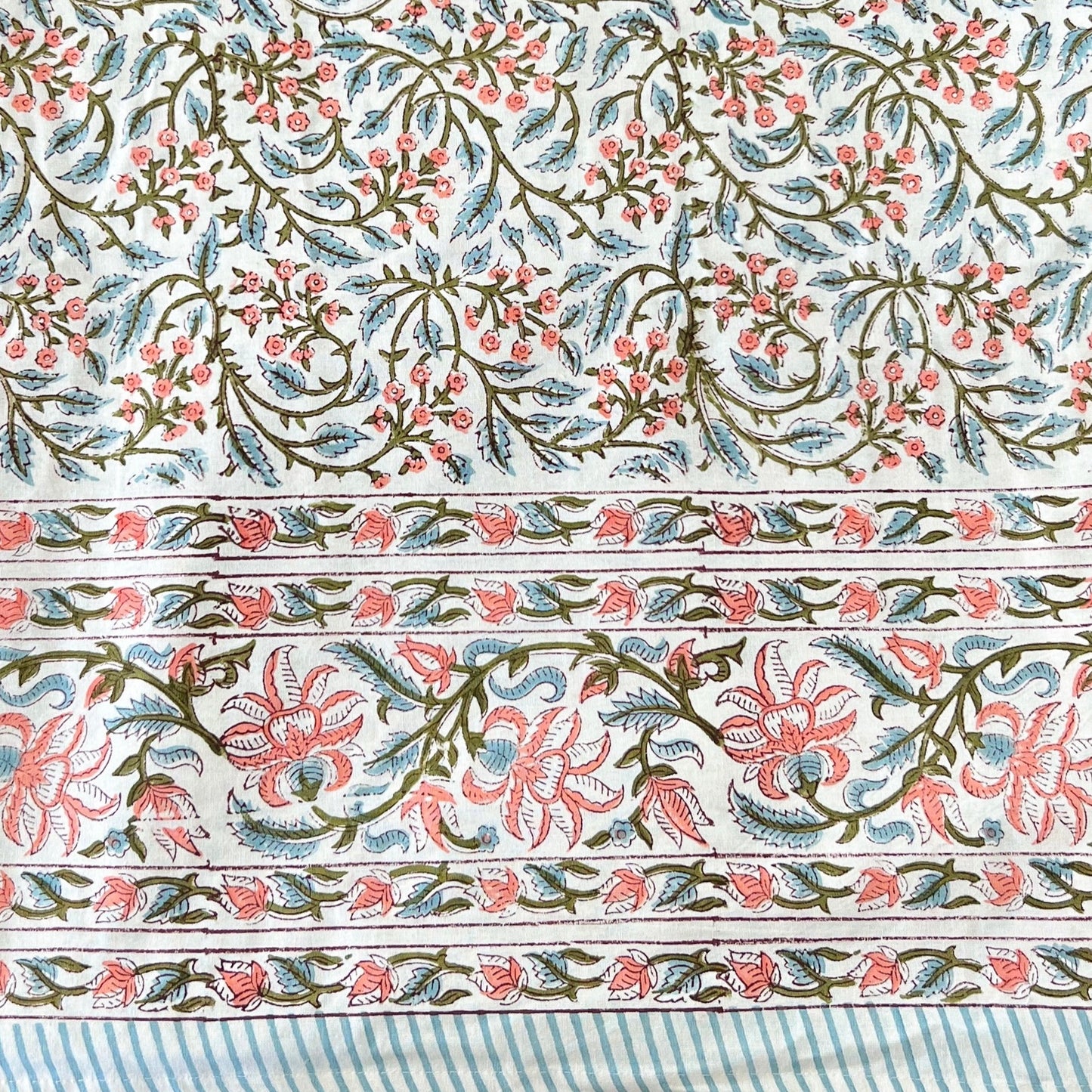 Blue and pink print tablecloth, 120 in round