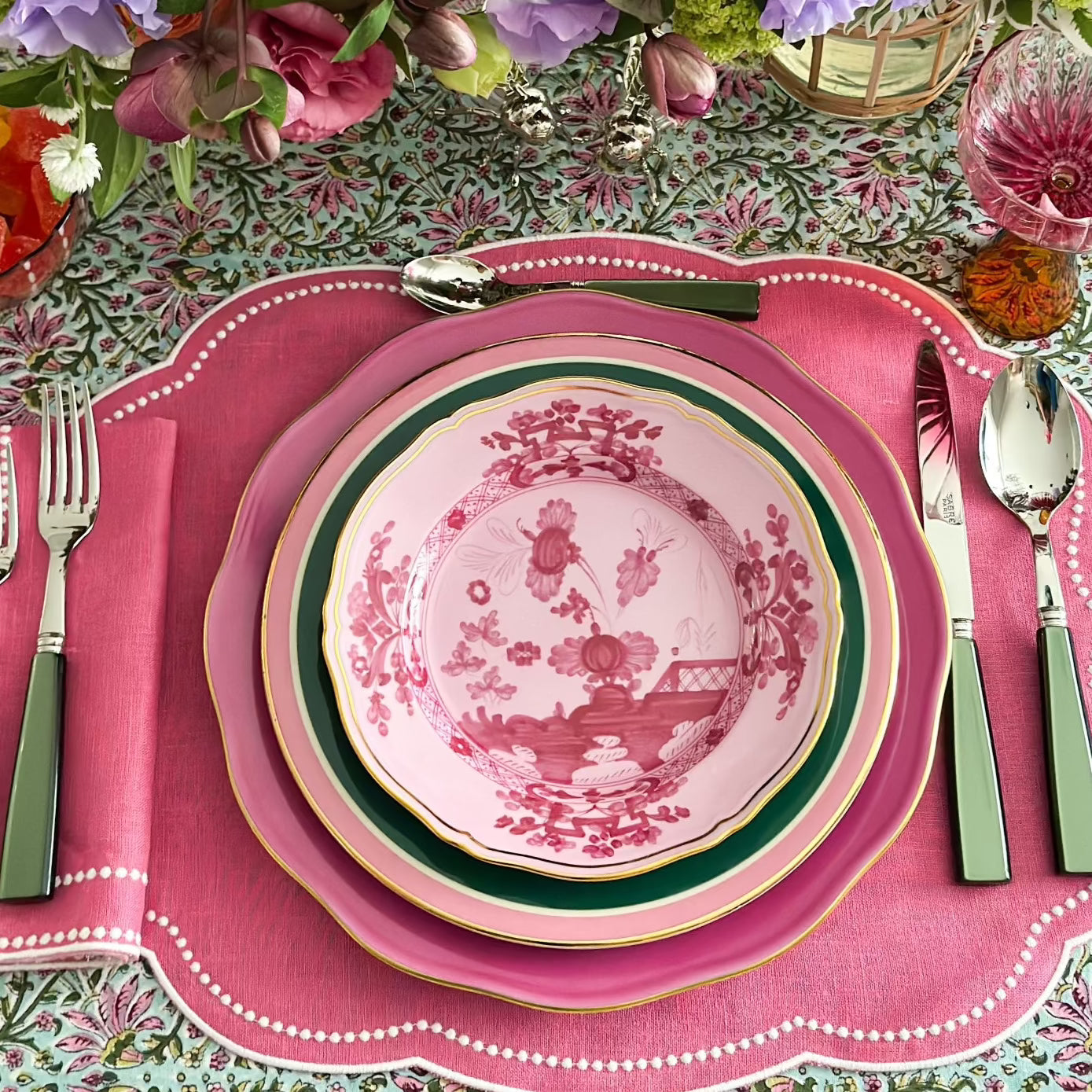 Green pink blue tablecloth, 72 x 132 in