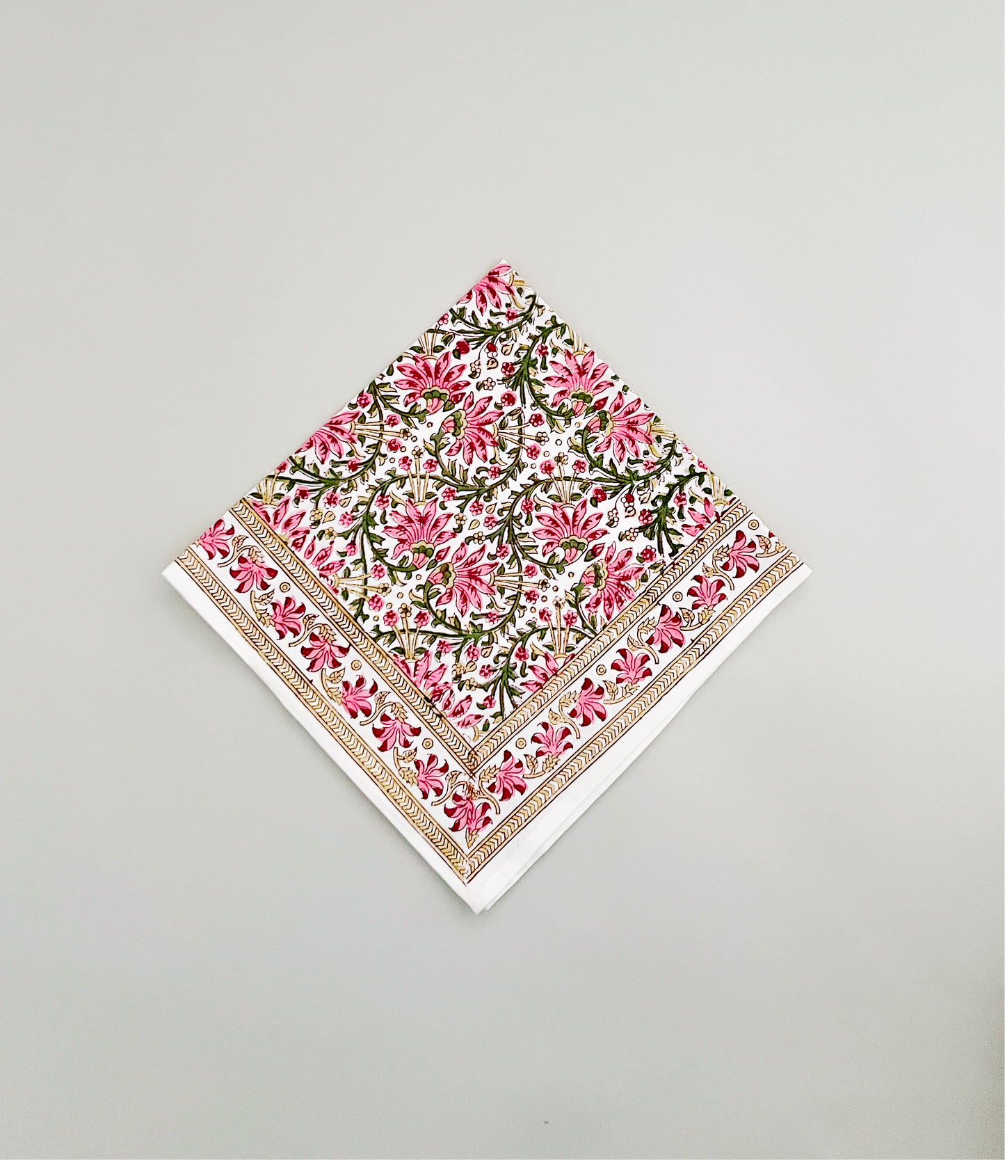 Pink/green/white block print dinner napkin