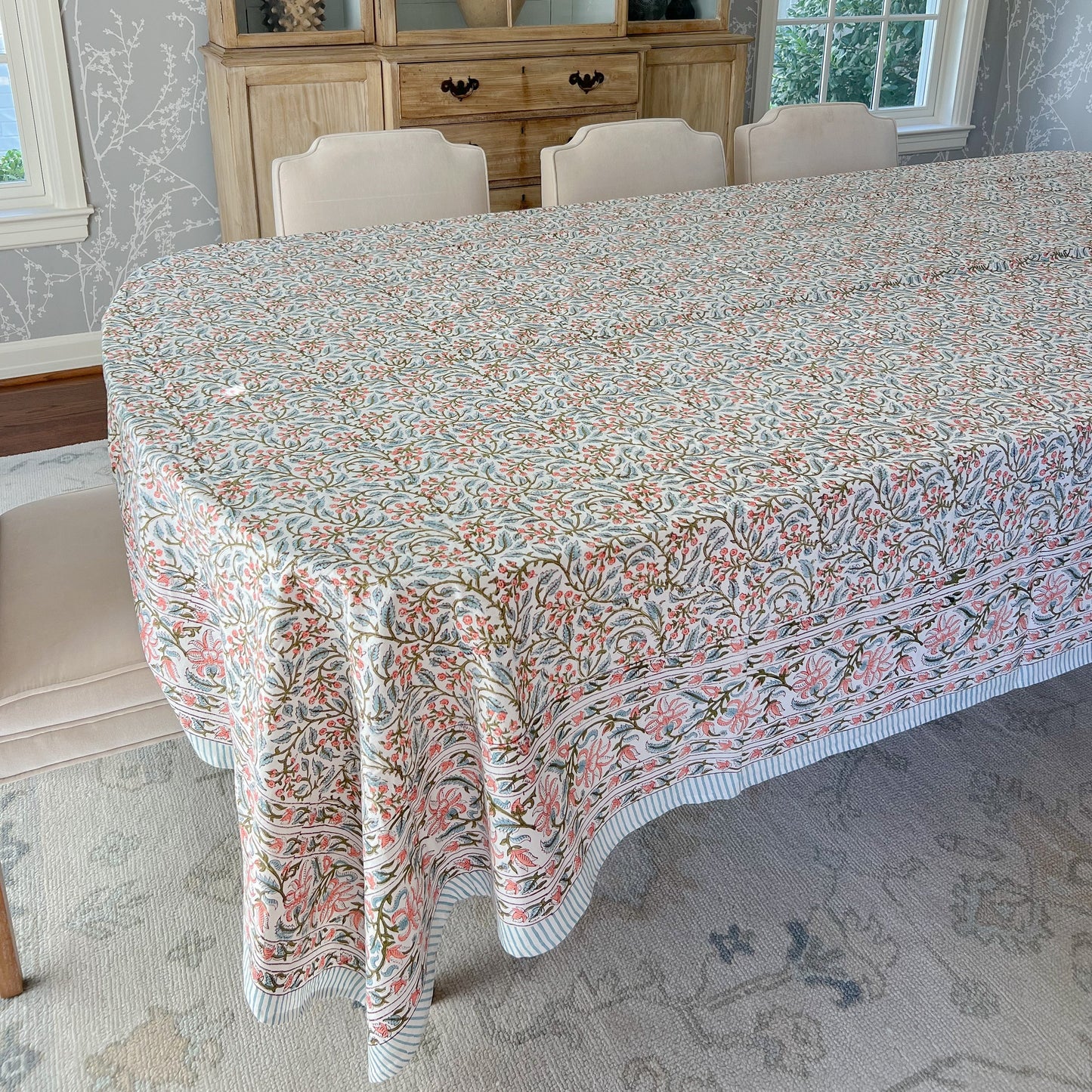 Blue and pink print tablecloth, 120 in round