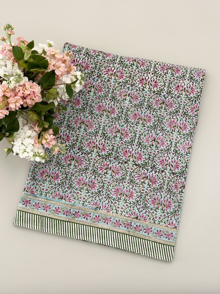 Green pink blue tablecloth, 72 x 132 in