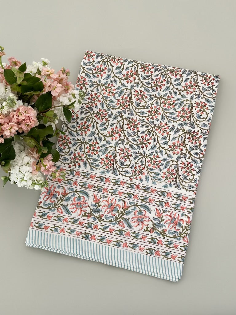 Blue and pink print tablecloth, 120 in round