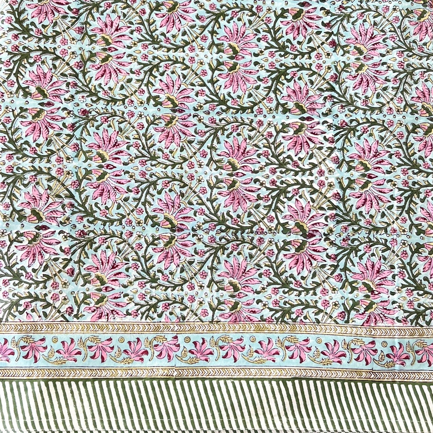 Green pink blue tablecloth, 72 x 132 in