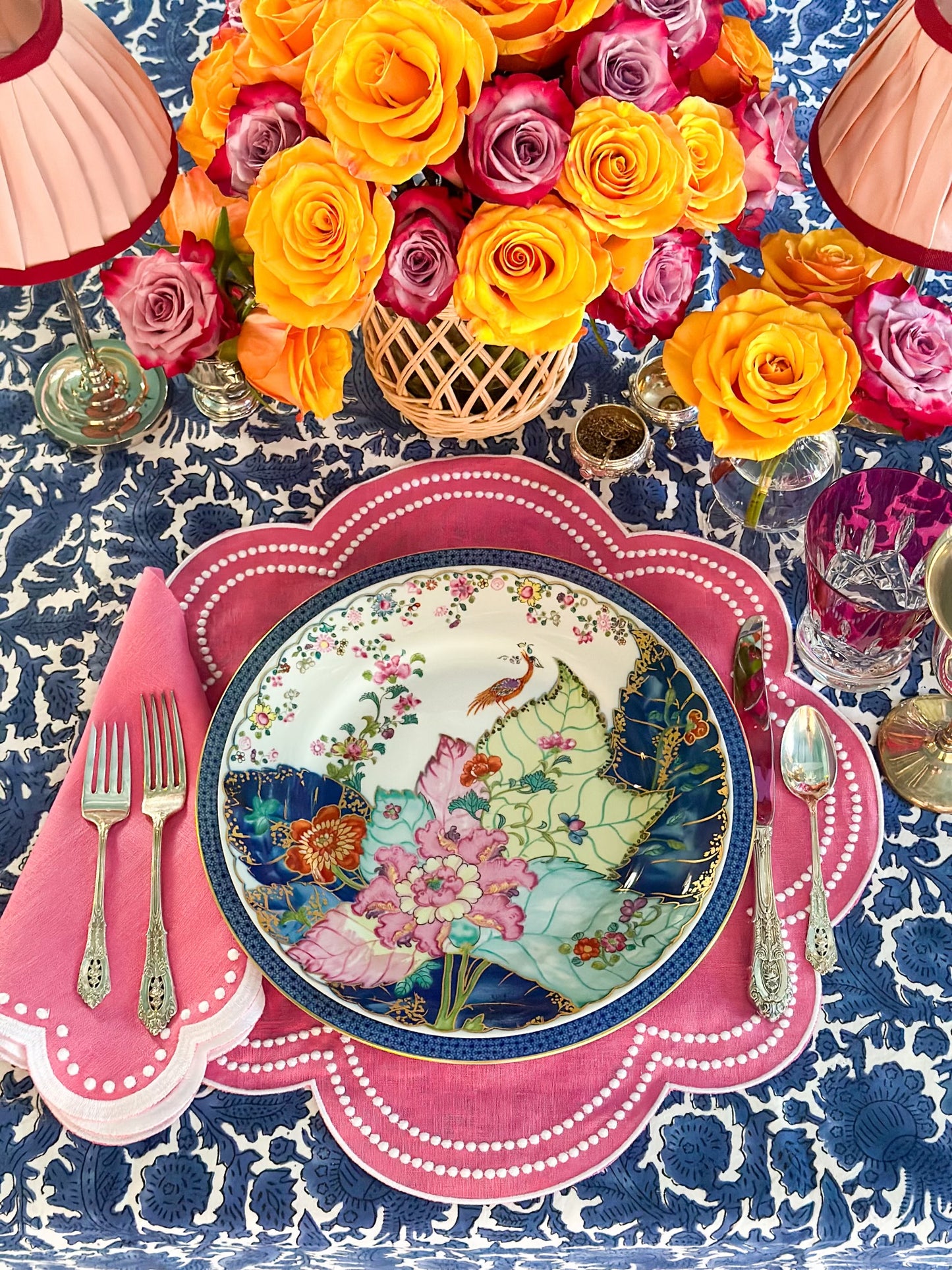 Cobalt bird print tablecloth, 72 x 132 in