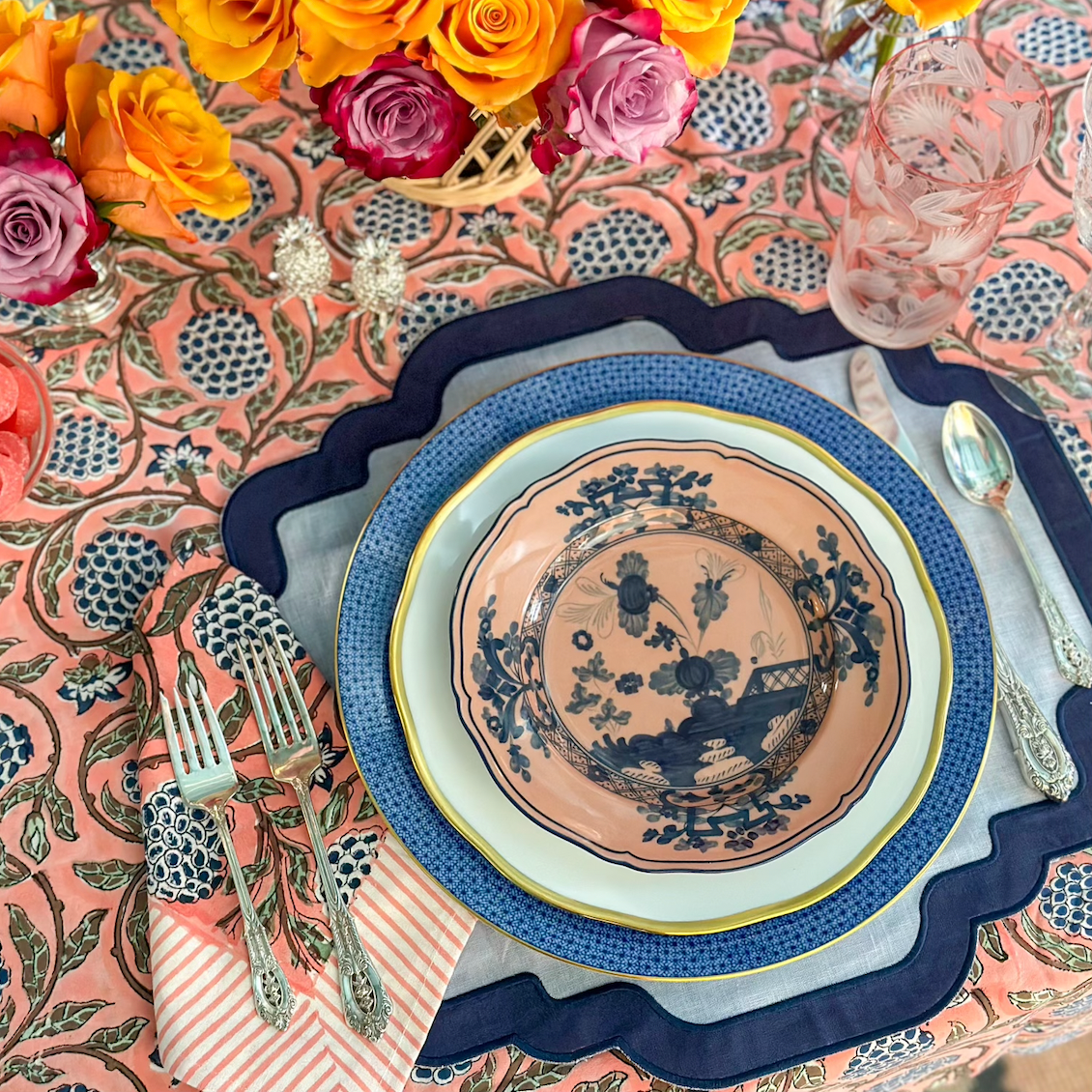 Orange block print dinner napkin