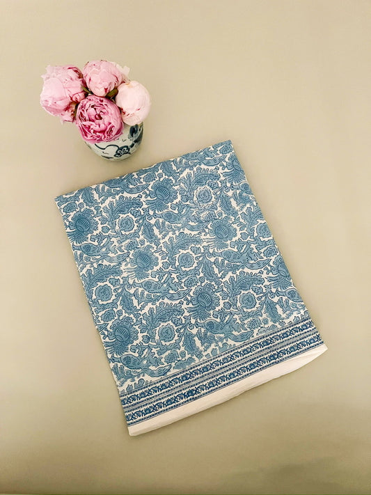 Blue bird print tablecloth, 120 in round