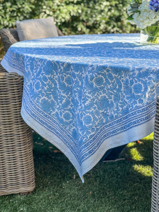 Blue print tablecloth, 60 x 60 in
