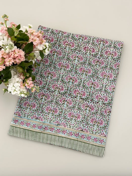 Green and pink  print tablecloth, 72 x 132 in