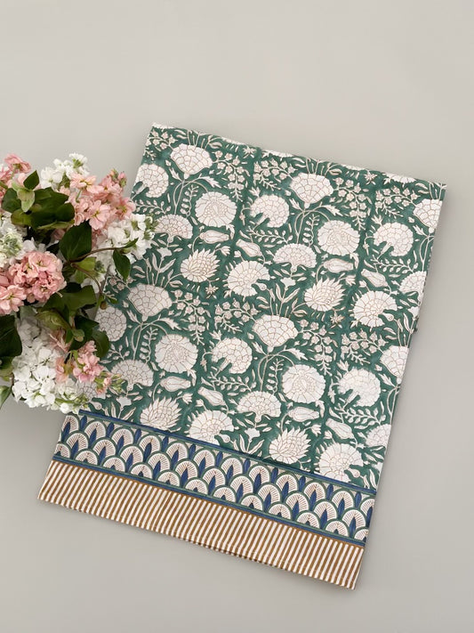 Forest green print tablecloth, 72 x 132 in