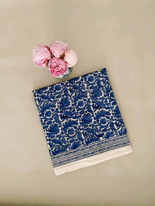 Cobalt bird print tablecloth, 72 x 132 in