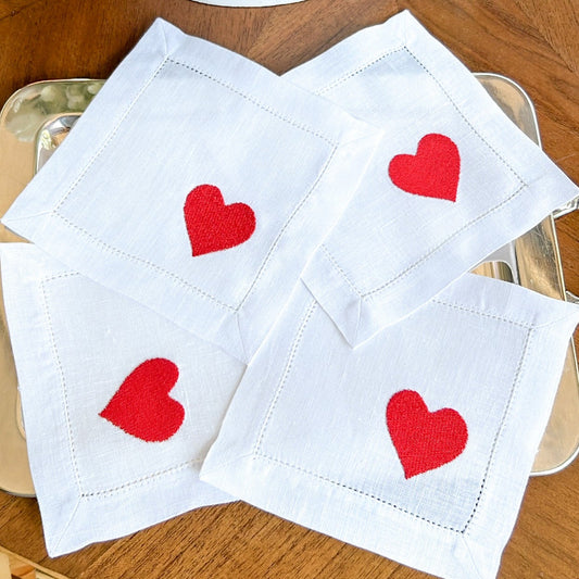 Heart embroidered cocktail napkins, set of 4