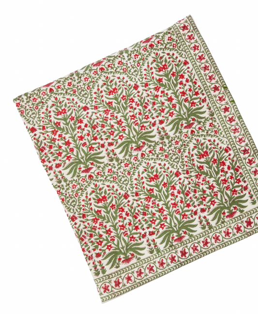 Green and red print tablecloth, 72 x 132 in