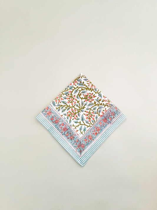 Pink/blue block print dinner napkin