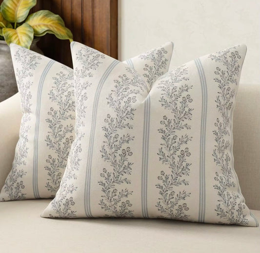 Linen Botanical Blue Flowers Throw Pillow Cover
