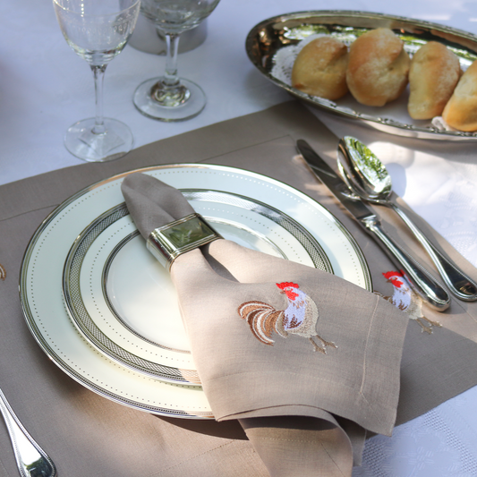Taupe rooster placemats and napkins, set of 4