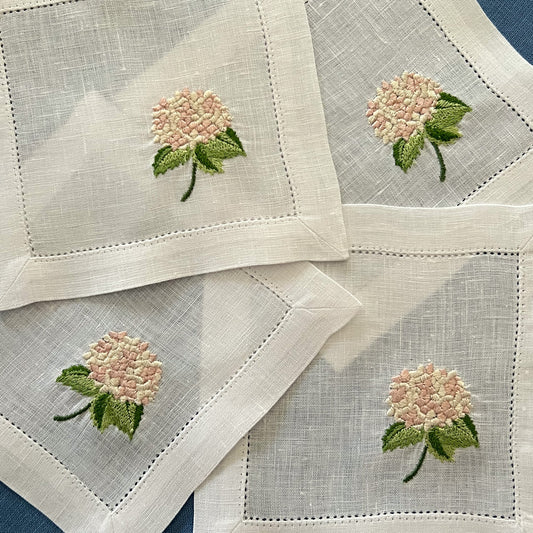 Hydrangea embroidered cocktail napkins, set of 4