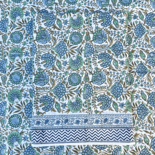 Blue and green print tablecloth, 80 x 120 in
