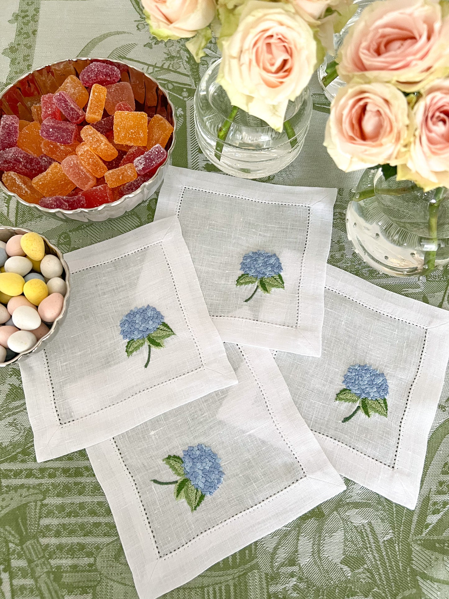 Hydrangea embroidered cocktail napkins, set of 4